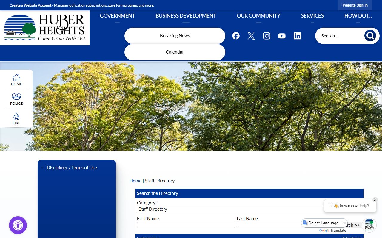 Huber Heights phone directory staff contacts page